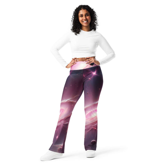 Women’s pink cosmic leggings with a flared cut and vibrant space-inspired design.