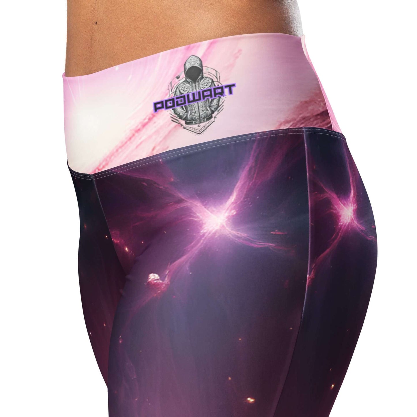 Women’s pink cosmic leggings with a flared cut and vibrant space-inspired design.